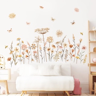 decalmile Wandtattoo Blumen Boho Wandaufkleber Wildblume Löwenzahn Schmetterlinge Wandsticker Schlafzimmer Wohnzimmer Sofa Hintergrund Wanddeko