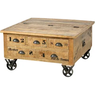 Mid.you Couchtisch , Naturfarben , Holz , Mangoholz , massiv , 5 Schublade(n) Schubladen , quadratisch , Rollen , 90x47x90 cm , Stauraum , Holzmöbel, Holztische, Wohnzimmertische Holz, Couchtische Holz
