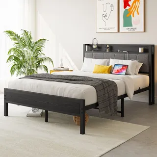 MODFU Metallbett Jugendbetten 140 x 200 mit Hohem Kopfteil,Bettgestell Polsterbett mit Lattenrost,Steckdose und USB-Ladefunktion,ohne Matratze,Schwarz - Schwarz