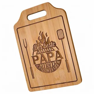 Bambus Schneidebrett mit Griff für Papa - Personalisiertes Küchenbrett mit Gravur "Grillmeister" - Geschenk für Männer zum Geburtstag, Vatertag & Weihnachten