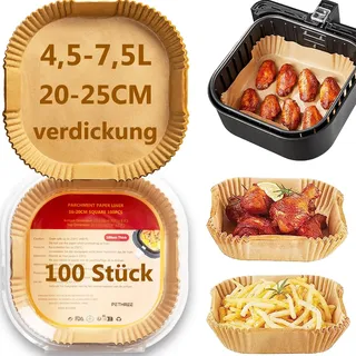 PETHREE Backpapier für Heißluftfritteuse 4,5-7,5L XXL, 100 Stück BPA-frei Verdicktes 20-25cm Airfryer Baking Paper Eckig, Antihaft Wasserdicht Ölfest Luftfritteuse Schalen Zubehör
