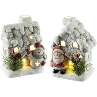 Flair Flower Weihnachtshaus mit Schneemann Nikolaus Schneemann Tannenbaum und LED-Licht 2er Set Häuser Deko Lichthaus Weihnachten Weihnachtsdeko Adventsdeko Weihnachtsdorf LED-Licht Leuchtfigur