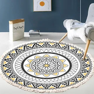 Vintage Boho Baumwolle Teppiche Mandala Muster Waschbar Handgewebte Böhmische Runder Teppich mit Quasten für Schlafzimmer Flur Wohnzimmer Couchtisch Fußmatten,Waschmaschinenfest,60CM Blumen #11