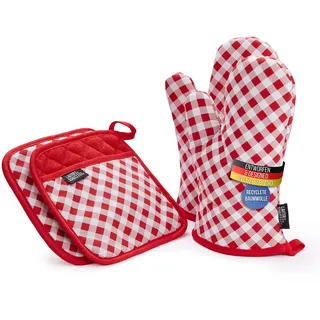 LauterSchutz® Topflappen und Ofenhandschuhe im Set - extra weiche, waschbare & recyclete Baumwolle [Hitzebeständig bis 250°C] Topfhandschuhe zum Kochen & Backen (Rot)