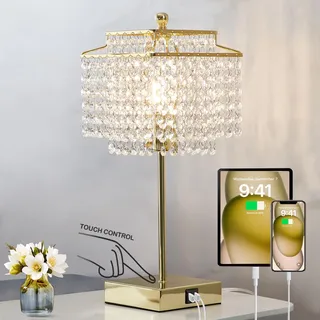 GyroVu Kristall Gold Tischlampe, Dimmbare Touch Nachttischlampe mit Ladefunktion USB A+C-Anschlüssen Steckdosen, Kleine KristallLampe für Wohnzimmer Schlafzimmer Mädchenzimmer(Inklusive Glühbirne)