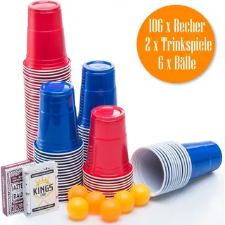 PartySet XXL: 100 rote Becher, Tischtennisbälle & 2 Trinkspiele für unvergessliche Partys – Beer Pong Set & Kartenspiele für Erwachsene