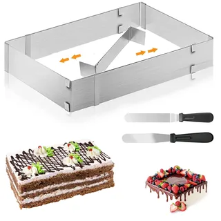 Rdddhur Backrahmen Rechteckig Verstellbar mit Teiler, Tortenring für Backblech, Spatel für Kuchen, Torten, Pizza Backen und Party Dekorieren