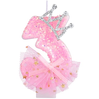 Geburtstag Nummer Kerzen, 7,5cm Kronenschleifen-Netzkerze Glitzernde Rosa Zahlenkerzen Tortenaufsatz Geburtstagskerzen Nummer mit Pailletten für Jubiläumsfeiern (Zahl 3)