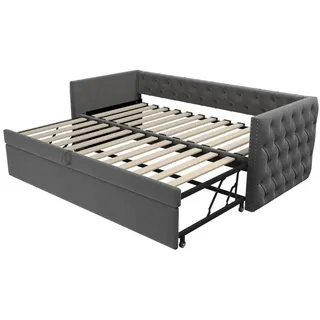 SOFTWEARY Schlafsofa mit Schlaffunktion, Lattenrost und Gästebett, Einzelbett/Doppelbett, Jugendbett, Samt (grau, 90x200 cm/180x200 cm)