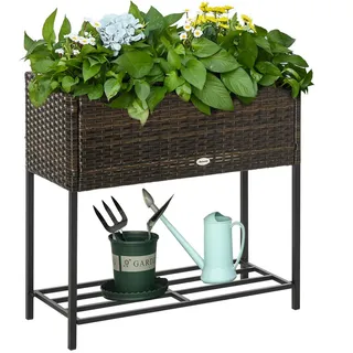 Outsunny Poly Rattan Hochbeet mit Füßen Rattan Ablage Braun 70 x 30 x 70 cm , Metall , 30x70x70 cm , Gartenzubehör, Hochbeete