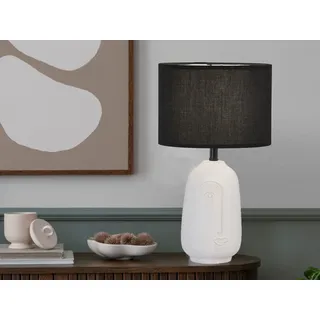 Design Tischlampe mit LED dimmbar, Keramikfuß Weiß & Leinen Lampenschirm Schwarz