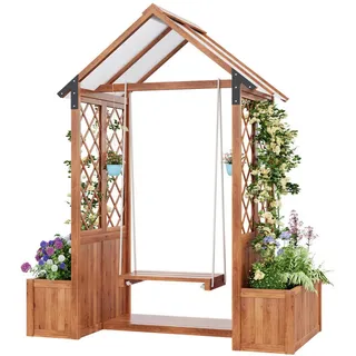 Modfu Blumenkasten aus Massivholz 163x142x70 cm in Braun mit Rankgitter & Schaukel , Holz , 70x163x142 cm , Dekoration, Blumen & Blumentöpfe, Übertöpfe