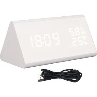 LED-Digitalwecker, Mehrzweck-Holzwecker mit Sprachsteuerung, Luftfeuchtigkeit, Temperatur, Wochenzeitanzeige, weißes Holz