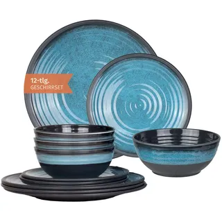 Camping Tafelgeschirr aus Melamin für 4 Personen 12-teilig | spülmaschinenfest | Picknick Geschirrset | Geschirr Campinggeschirr I Stone Blue Design