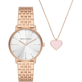 Giorgio Armani Armani Exchange Uhr für Damen , QuarzDreizeigerwerk, 36MM Rose Gold Edelstahlgehäuse mit einem Edelstahlarmband, AX7145SET