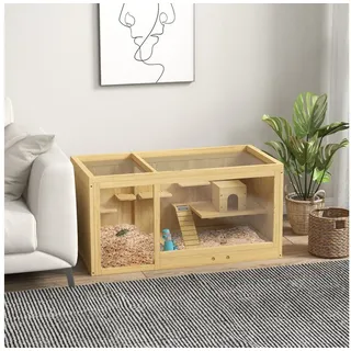 PawHut Hamsterkäfig aus Holz, 100 cm Kleintierstall, Kleintierkäfig Spielhaus für Gerbils Nagerkäfig mit Schaukeln, Leitern, zu öffnendes Dach, Hütte, Natur