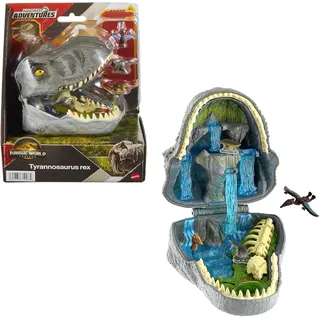 Jurassic World : Die Wiedergeburt, kleines Abenteuer-Spielset in Form eines Tyrannosaurus rex-Kopfes, interaktive Funktionen und Figuren, 4 Jahr(e), Grün, Grau, Kunststoff - Grün, Grau