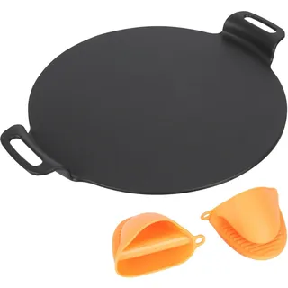 WELL GRILL Pizzastein mit Halter für Backofen, Gasgrills und Holzkohle, Gusseisen Grillplatte BBQ Pfanne Pizza Stein für Crepe, Tortilla, Pizzapfanne (Ø38 cm)