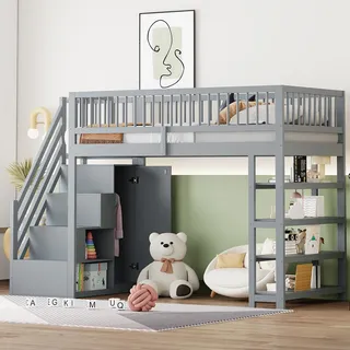 Flieks Etagenbett 90x200cm mit Garderobe, Kinderbett mit Regal, Hochbett mit Treppe und Lattenrost, Stockbett mit Rausfallschutz, Holzbett Grau - Grau