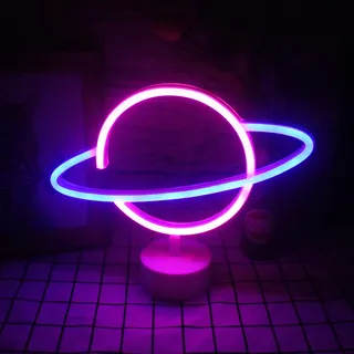 Planet Neonlicht und Sockel LED Neonlicht Tischlampe hellblau rosa Planet Nachtlicht USB/Batterie Dekoration Zeichen außer Tisch Kinderzimmer Geburtstagsfeier Hochzeit Lieferungen (9,4"×11,8 '')