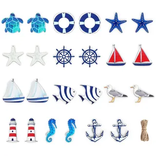 24 Pcs Maritime Anhänger Nautische Deko, Maritimes Dekorationsset, Maritime Dekoanhänger Set, Seestern Boot Anker Leuchtturm Fisch Kokospalme für Mini-Fischernetz Wanddekorationen
