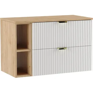 WENA Waschtischunterschrank 100 cm, geriffelte Fronten, Griffe aus Metall in der Farbe Gold (Farbe: Weiß, Eiche Regal und Holzplatte) - Weiß