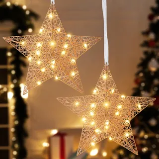 Lewondr LED Weihnachtsdeko Aussen Stern 2 Stück, 30cm Sternform Weihnachtsdeko Batteriebetrieben, Weihnachtsfensterbeleuchtung Hängelampe Deko Weihnachtsbeleuchtung Fenster für Innen&Außen, Rosé Gold