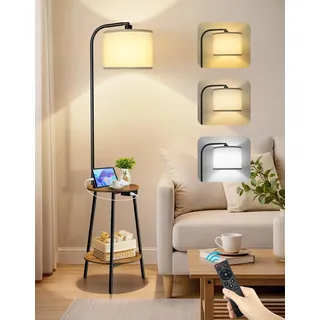 OUTONLIFE Stehlampe mit Tisch & Regal, Dimmbar LED mit Fernbedienung, 3 Farbtemperaturen, Beistelltisch mit USB-Ladefunktion für Wohnzimmer Schlafzimmer Büro (Rustikal Braun Rund)