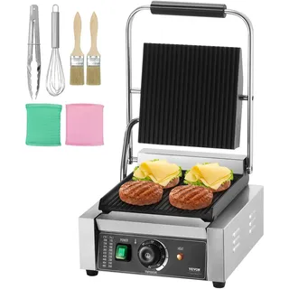 VEVOR kommerzieller Panini-Grill, 1,8 kW elektrischer Sandwich-Panini-Maker, Sandwich-Pressgrill Edelstahl, Panini-Grill mit Temperaturregelung & 23 x 23 cm großer, voll gerillter Emaille-Platte