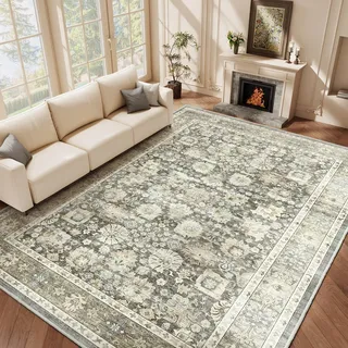HOMFINE Grau Vintage Teppich Wohnzimmer 300x400 cm Waschbarer Kurzflor Boho Teppiche Weich rutschfest Groß Retro Rugs for Living Room Carpet for Schlafzimmer Esszimmer Küche