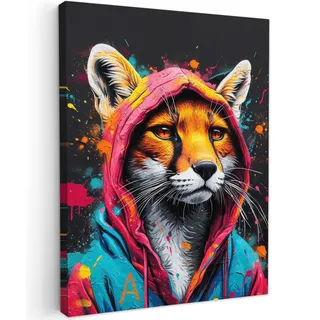 MuchoWow© Leinwandbild Dekoration Wohnzimmer Bilder Aufhängen Wall | 50x70 cm - Decoration Living Room Wohnungs Deko Moderne Graffiti - Fuchs - Pop-Art - Neon