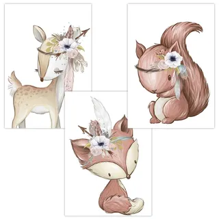 Olgs Babyzimmer Bilder 3er Set | Kinderzimmer Deko Poster | Wandbilder Tiere | Wandposter Mädchen DIN A4 | Waldtiere Reh Fuchs Eichhörnchen Boho