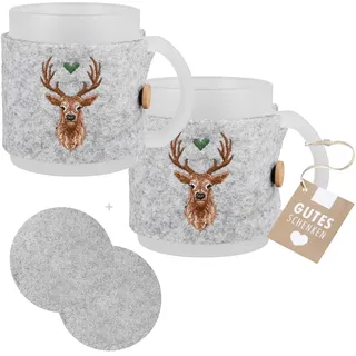 CULT at home Geschenkset - 2 große Weihnachtstassen Set Tassen Jumbo Kaffeebecher Teetasse 330 ml Weihnachtstasse Glühwein Becher, Glühweinbtasse inkl 2 runde Filzuntersetzer