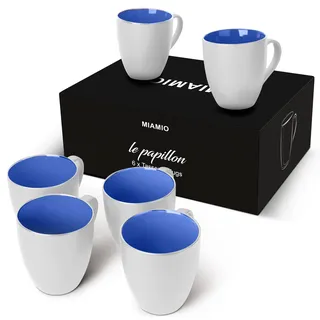 MIAMIO - 6x 350 ml Kaffeebecher Set – Moderne Kaffeetassen aus Keramik in Weiß-Blau – Große Kaffeetassen für Kaffee, Tee und Cappuccino – Spülmaschinen- und mikrowellengeeignet