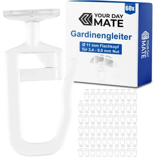 Gardinengleiter für Innenlaufschienen, 60 Stück, mit Ø 11 mm Flachkopf, in Klar, Faltengleiter für Vorhangschiene, Gardinenschiene, Vorhang Gleiter Kräuselband Haken, Gardine Rollen Schienensystem