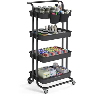Songmics Rollwagen, 4 Ebenen, Servierwagen, Küchenwagen mit Griff, 2 kleine Einhängefächer, 2 Bremsen, Ablagefächer aus Kunststoff, einfacher Aufbau, Schlafzimmer, schwarz BSC077BZ01