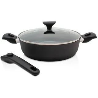 Servierpfanne KRÜGER "Aluguss Pfanne GAMMA mit Glasdeckel, 28 cm, mit abnehmbaren Griffen", schwarz, H:8cm Ø:28cm, Pfannen, Servierpfanne, für Induktions-Kochfelder geeignet, auch als Schmorpfanne verwendbar