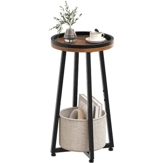 HOOBRO Beistelltisch rund, Kleiner Nachttisch, Sofatisch modern, Couchtisch mit erhöhtem Rand und beigem Stoffkorb, für kleine Räume, Wohnzimmer, Wohnheim, Rustikales Braun EBF183BZ01