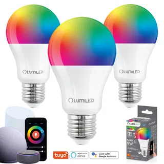 3x LUMILED Smart SAYO A60 LED Lampe E27 9W (60W) 900lm WLAN Dimmbar Mehrfarbig RGBW Wifi Glühbirne Timer Smart home 16 Mio. Farben App Steuerung kompatibel mit Amazon Alexa Google Assistant Tuya