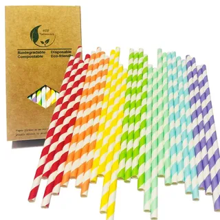 7 Farben Bunte Gestreifte Papier Strohhalme, 100 Stück Party Cocktail Trinkhalme, 100% Biologisch Abbaubare Trinkhalme Geeignet für Party Decoration