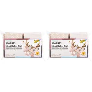 folia 64121 - Adventskalender Set, Basic mit Motivdruck, ca. 10 x 13 cm, 24 naturfarbene Stoffbeutel, aus Baumwolle und Polyester, inklusive Anhänger und Garn, Natur (Packung mit 2)
