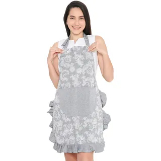 Encasa XO Schürze für Frauen | Baumwolle Chambray Stoff mit Blumen-Rüschen | Küchenschürze Kochschürze mit 2 großen Taschen | Stylischer Schutz - 70x85 cm - Grau