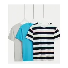 M&S Collection 3er-Pack T-Shirts mit hohem Baumwollanteil, einfarbig und mit Streifenmuster (6-16 J.) - Blue Mix, Blue Mix, 8-9 Jahre