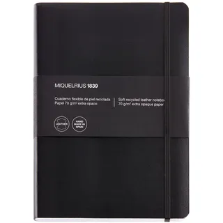 Miquelrius - Weiches Notizbuch aus recyceltem Leder, Format 4o 152 x 210 mm, 300 Blatt 70 g/m2, Extra blickdichtes Papier, Raster 5 mm, Schließt mit Gummiband, Mit Index, Farbe schwarz