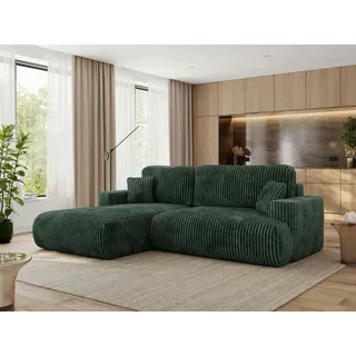 MKS Meble Ecksofa OVO mit Schlaffunktion und Bettkasten, Grün Cord, L-form Couch, 4-Sitzer Ecksofa, 271x195x95 cm - Links Seite - Grün