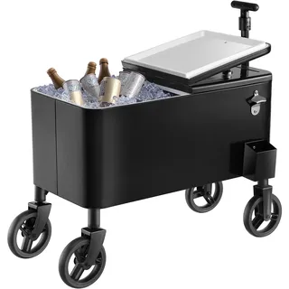 Vevor Kühlwagen Getränkewagen 75,71 L bis zu 50 Flaschen/110 Dosen, Beistellwagen für Terrassenpartys und Bars mit Kor Teleskopgriff & Flaschenöffner & Kronkorkensammler, Getränkekühler Schwarz