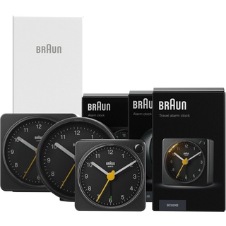 Braun Klassischer gemischt Schwarz Analog Wecker Zuhause Geschenke mit Schlummerfunktion und Licht, ruhiges Quarzuhrwerk, Crescendo Beep Alarm in Schwarz, Modell BC12B, BC02XB, BC03B (3er Pack)