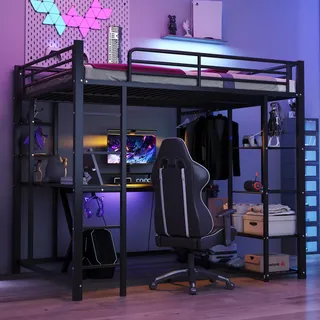 Flieks Etagenbett 140x200cm mit Schreibtisch, Kinderbett Metallbett mit Regal, Hochbett mit Rausfallschutz & Lattenrost, Doppelbett Stockbett Schwarz - Schwarz