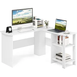 COSTWAY Schreibtisch L-Form, Eckschreibtisch mit 2 Kabellöchern & Ablagefächern, Ecktisch, Computertisch, Bürotisch für Zuhause oder Büro, 130 x 130 x 74 cm (Weiß) - Weiß