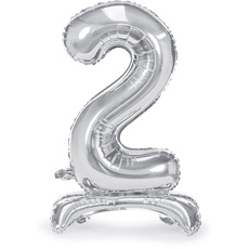 Luftballon Nummer 2 Farbe Silber, Standfolie Ballon aus Aluminium, aufblasbar, für Party, Geburtstag, Party, Jahrestag, Abschlussfeier, Jungen, Mädchen, Höhe 70 cm